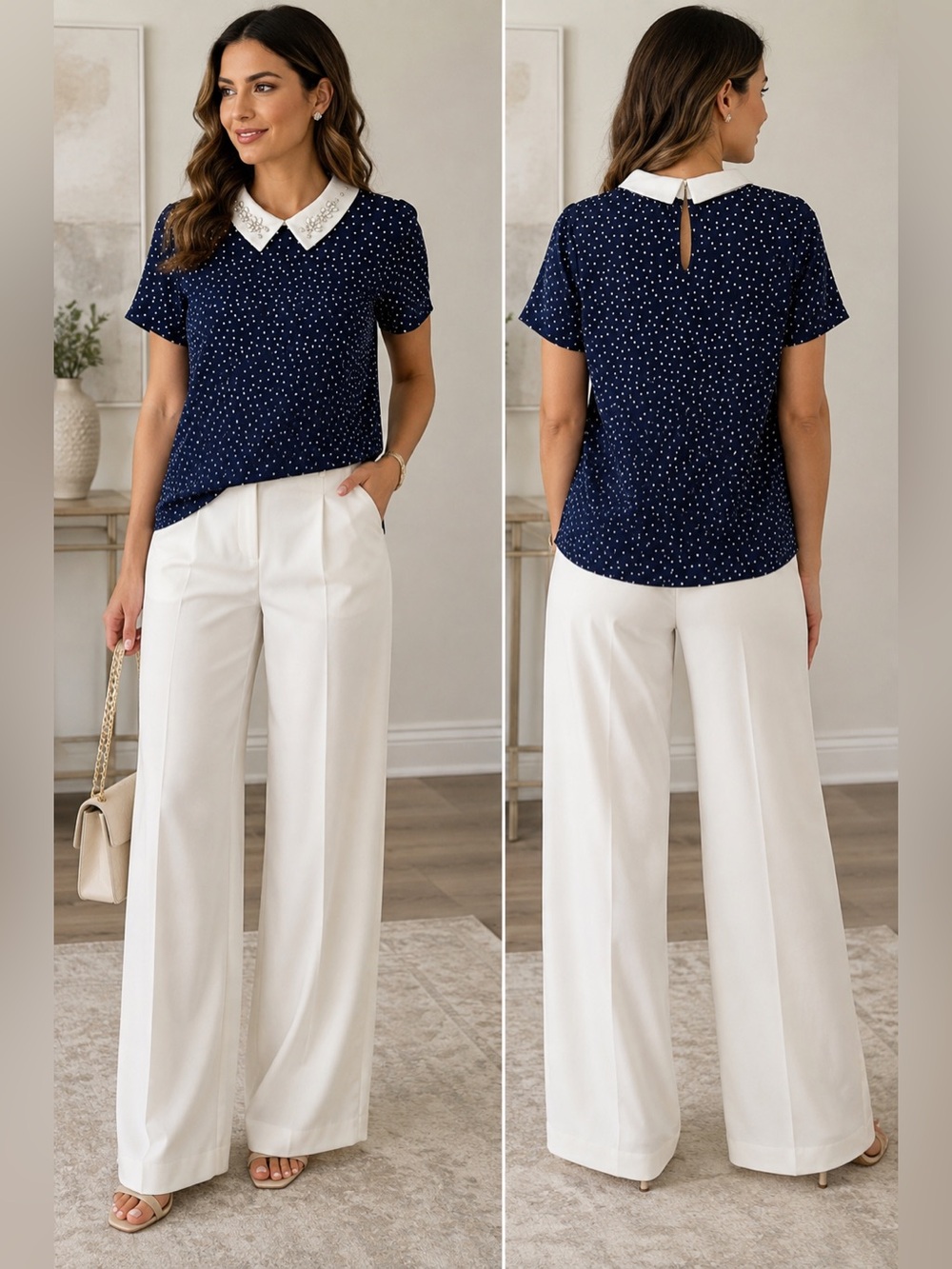 Faith and Joy Blouse L Navy Polka Dot Jeweled Peter Pan Collar Rhinestone